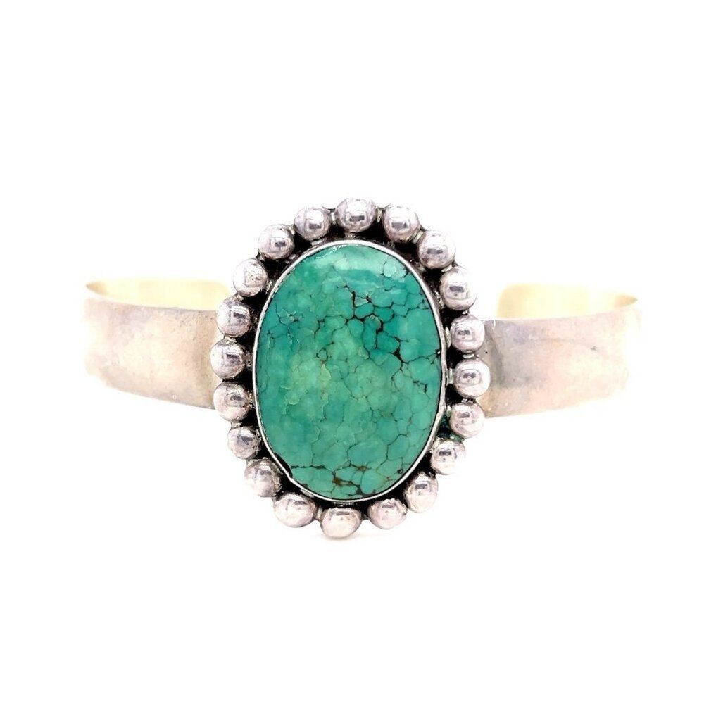 Sterling Silver Green Turquoise Flower‎ Shaped Cuff